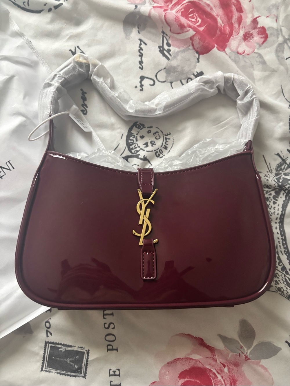 Saint Laurent Burgundy Patent Shoulder Bag with Gold YSL Logo